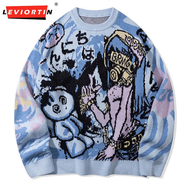 Men's China-Chic Vintage Funny Cartoon Autumn and Winter 2024 Loose Versatile Couple Round Neck Long Sleeve Knitted Sweater