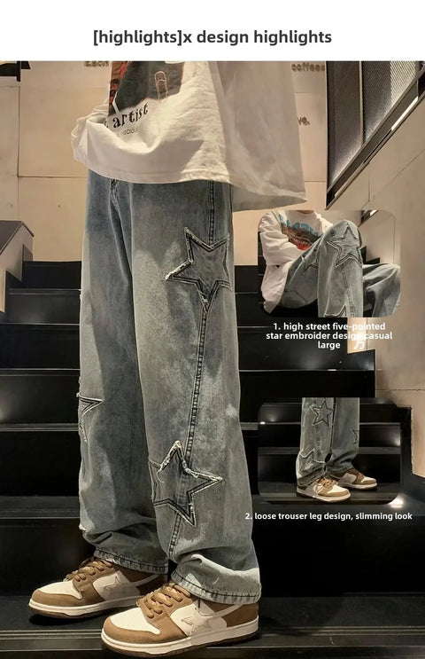 American High Street Style Men's Jeans Autumn Winter Straight Leg Loose Floor-Length Wide Leg Pants Casual Fashion
