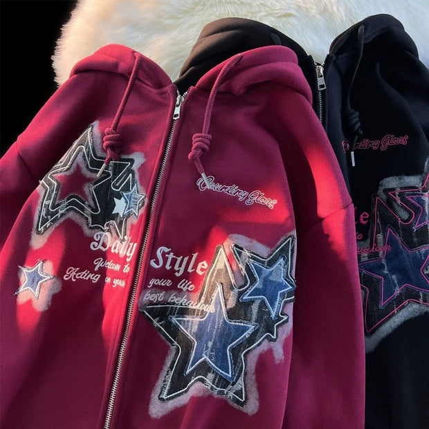 Aesthetic Star Print Cardigan Zip Up Sweatshirt Men Women Autumn Winter Loose Tide Brand Couple Hooded Zip Jacket Harajuku Y2k