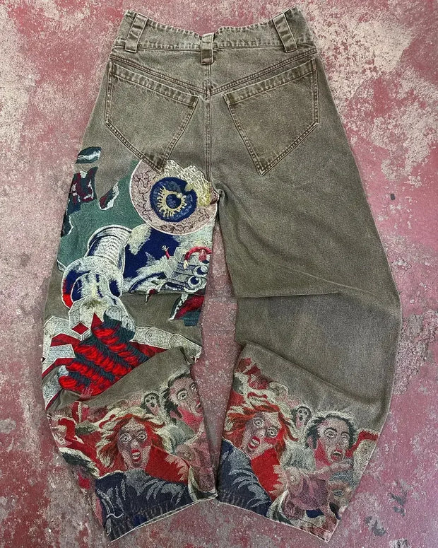Hip Hop Rock Embroidery New Y2k Jeans Pattern Printed Loose Trousers for Men and Women Retro Harajuku Goth Ripped Wide Leg Pants