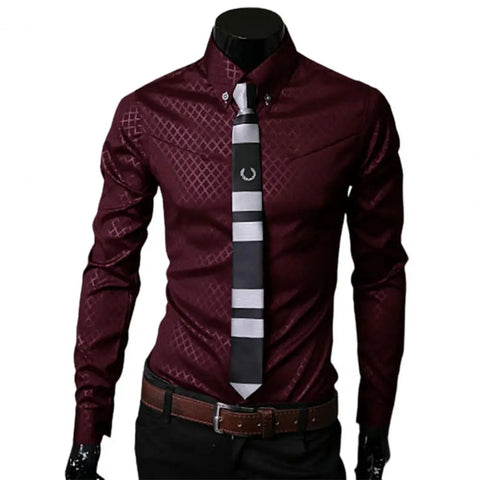 Men Shirt Grid Turn-down Collar Single-breasted Business Male Shirt Luxury Anti-iron Buttons Long Sleeve Men Shirt Autumn Top