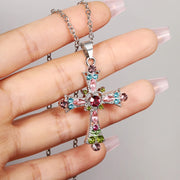 New Y2K Zircon Cross Necklace Colorful Love Heart Cross Pendant Necklaces for Women Gothic Jewelry Party Girls Accessories 2023