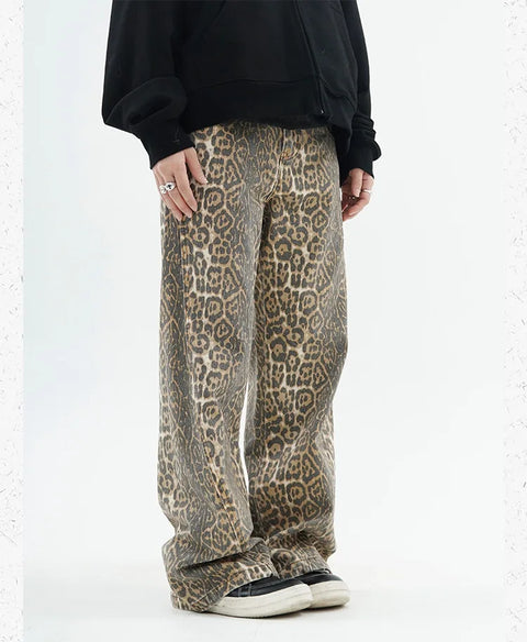 American Retro Leopard High Waist Baggy Jeans Womens Casual Pockets Hip-hop Pants 2024 Spring Y2K Oversize Panther Denim Trouser