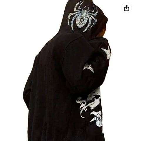 Y2K Rhinestone Cobweb Zip Up Oversized Sweatshirt 2022 Autumn Goth Hoodie Men Women Grunge Hooded Jacket Streetwear Y2K Clothing