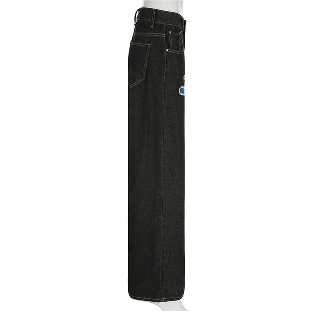 Black Baggy Jeans Women Straight Leg Printed Y2k Pants Female's Harajuku Autumn Clothing