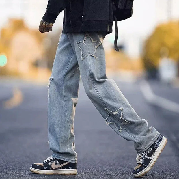 Hip Hop High Street Baggy Denim Trousers 2025 Men Star Embroidery Straight Casual Jeans Male New Fashion Straight Wide Leg Jeans