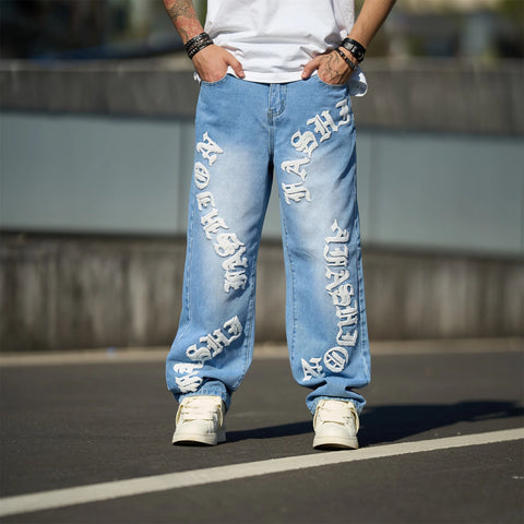 New Streetwear Men Fashion print Loose Jeans Trousers High Quality Men's Solid Casual Straight Denim Pants
