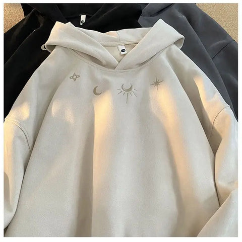 Men's hooded sweatshirt, oversized baggy sweater with Gothic star logo, American hip hop fashion sweatshirt, gray, winter