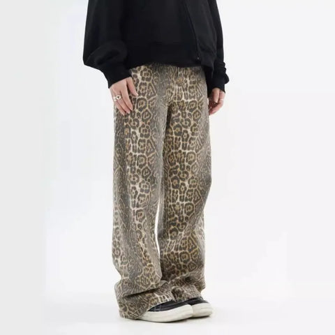 American Retro Leopard High Waist Baggy Jeans Womens Casual Pockets Hip-hop Pants 2024 Spring Y2K Oversize Panther Denim Trouser