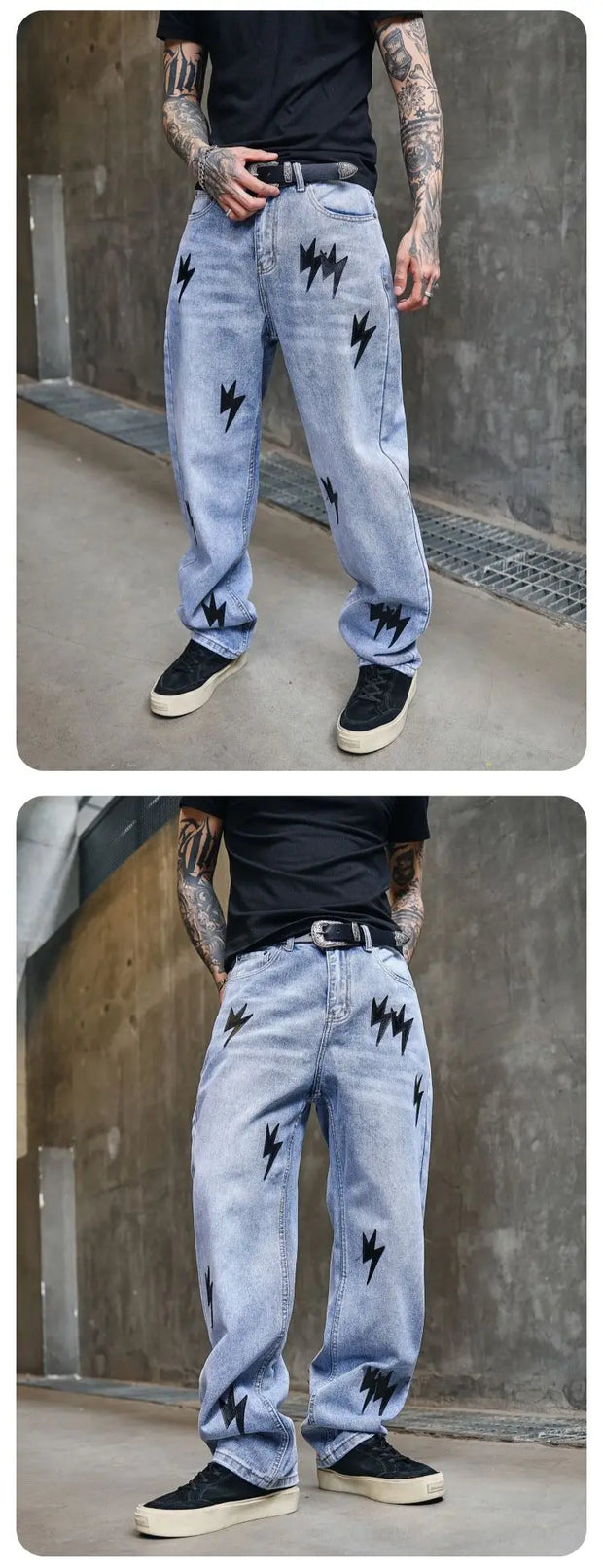 Trousers Straight Man Cowboy Pants with Print Men's Jeans Hip Hop Star Cotton 2025 Trend Stacked 90s Streetwear Y2k Vintage Kpop