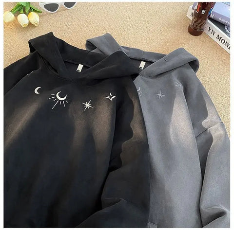 Men's hooded sweatshirt, oversized baggy sweater with Gothic star logo, American hip hop fashion sweatshirt, gray, winter