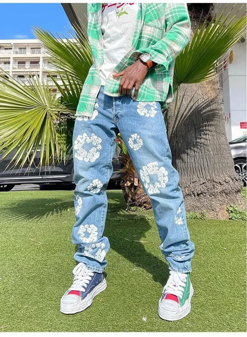Korean Style Fashionable Embroidery Slim Fit Men's Jeans Casual Versatile Draped Straight Leg Denim Pants From China