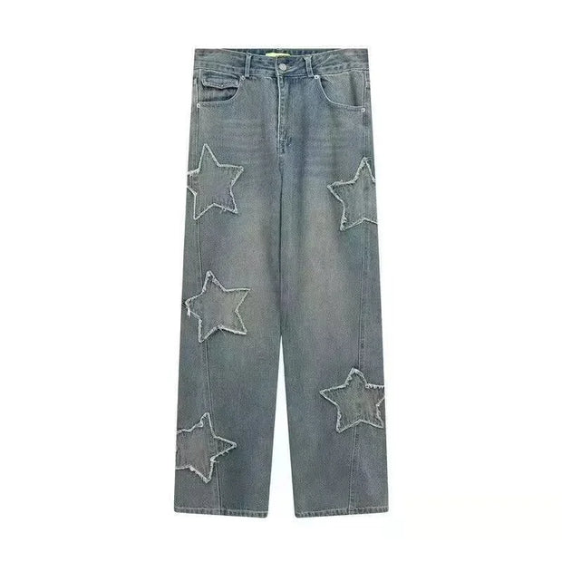 Hip Hop High Street Baggy Denim Trousers 2025 Men Star Embroidery Straight Casual Jeans Male New Fashion Straight Wide Leg Jeans