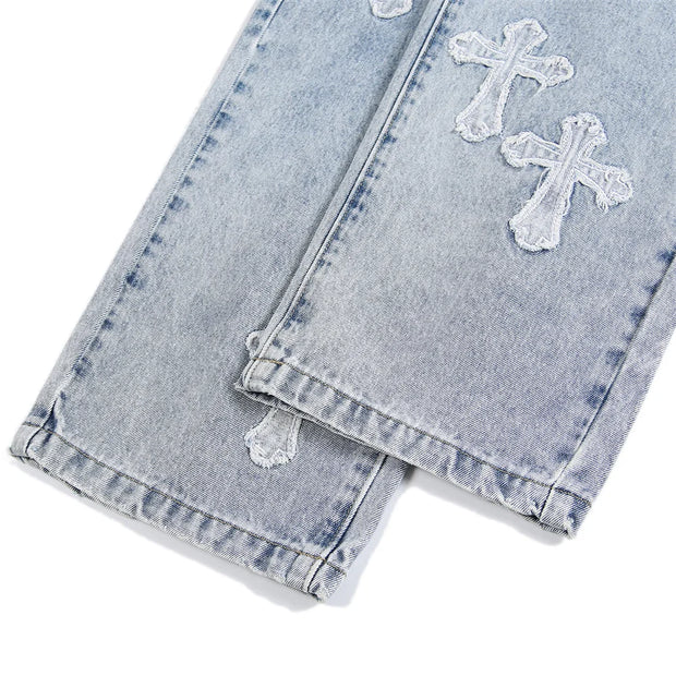 High Street Jeans Men Cross Graphic Baggy Denim Pants Unisex Young Streetwear Blue Loose Punk Casual Fashion Y2k Trousers Summer