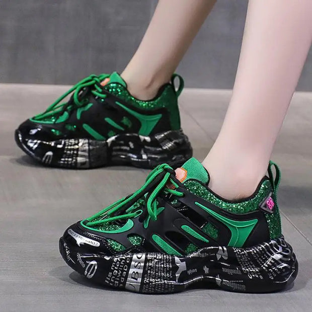 Pink Platform Sneakers Women Thick Sole Korean Chunky Sneakers 2025 Fashion Dad Shoes Woman Spring Height Increasing Sneakers