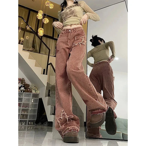 Women Jeans Pants 2025 Summer Y2K Girl Pants Women Loose Straight Elastic Waist Wide Leg Spliced Women Trousers Casual Soft Pant