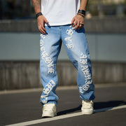 New Streetwear Men Fashion print Loose Jeans Trousers High Quality Men's Solid Casual Straight Denim Pants