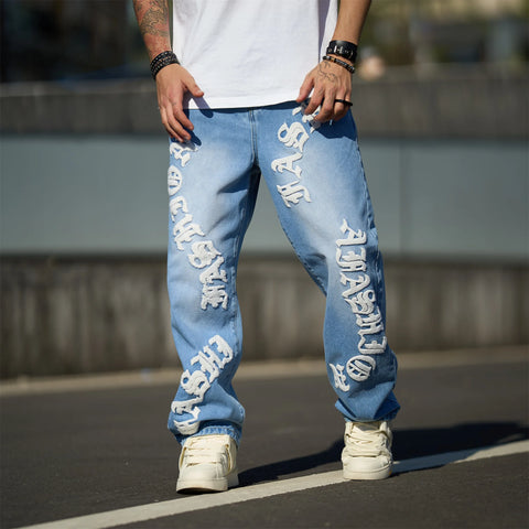 New Streetwear Men Fashion print Loose Jeans Trousers High Quality Men's Solid Casual Straight Denim Pants