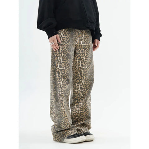 American Retro Leopard High Waist Baggy Jeans Womens Casual Pockets Hip-hop Pants 2024 Spring Y2K Oversize Panther Denim Trouser