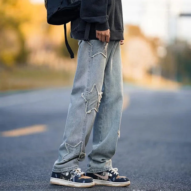 Hip Hop High Street Baggy Denim Trousers 2025 Men Star Embroidery Straight Casual Jeans Male New Fashion Straight Wide Leg Jeans