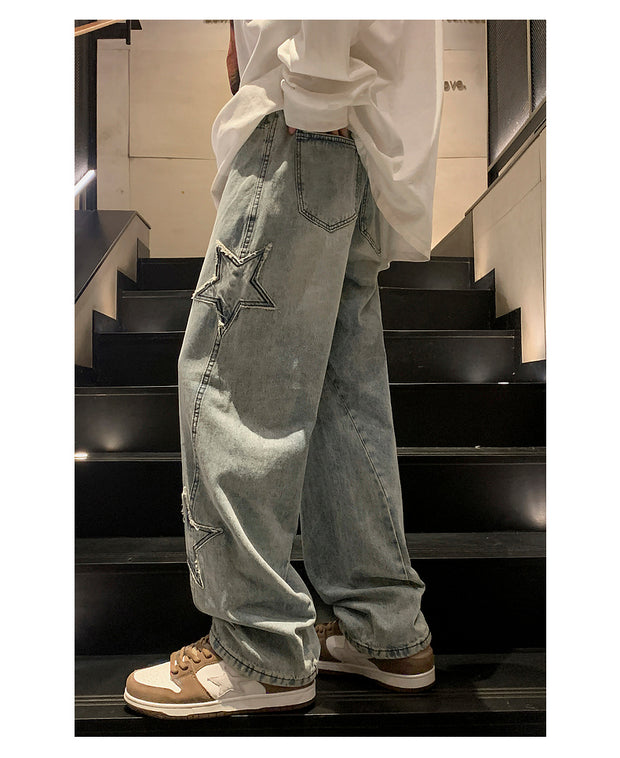 Star Embroidery Straight Casual Men Jeans Gothic Neutral New Wide Leg Loose Hip-hop Fashion Youth Streetwear Denim Trousers Y2K