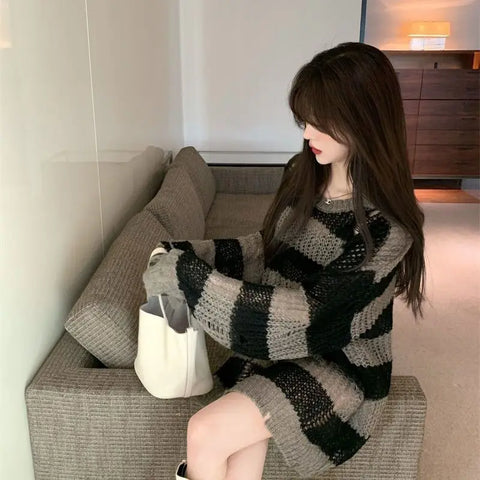 Korean Loose Hole Hollow Out Sweaters Spring Autumn Women's Clothing New Fashionable Trend Long Sleeve Striped Knitted Pullover