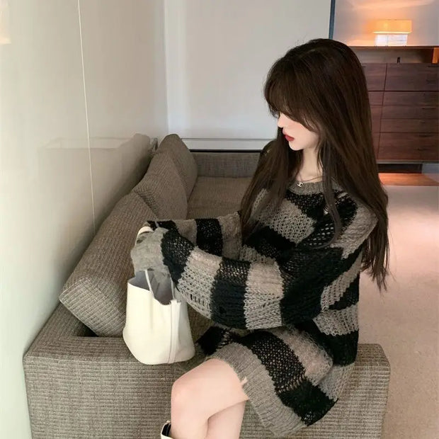Korean Loose Hole Hollow Out Sweaters Spring Autumn Women's Clothing New Fashionable Trend Long Sleeve Striped Knitted Pullover