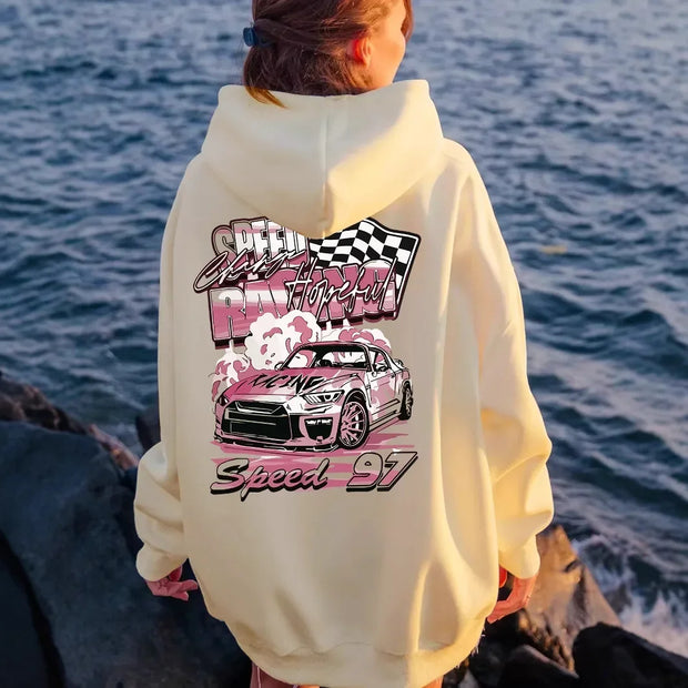 Ladies Casual Letter Racing Car Double-Sided Print Hoodie Sweatshirt Comfortable Streetwear Style Zipper Pocket on Chest