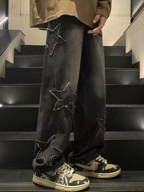 American High Street Style Men's Jeans Autumn Winter Straight Leg Loose Floor-Length Wide Leg Pants Casual Fashion