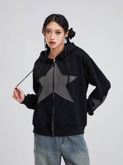 Winter Casual Hooded Coat Women Long Sleeve Star Print Zip Up Drawstring Hoodie Gothic Loose Outwear