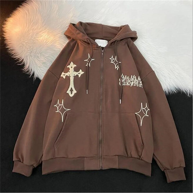 Embroidered Vintage Cardigan Jacket Autumn Winter Hip Hop Hoodie Men and Women Y2K Coat Goth High Street Retro Hoodies Loose Top