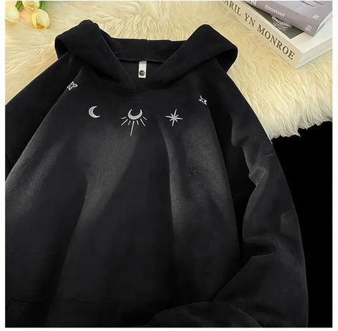 Men's hooded sweatshirt, oversized baggy sweater with Gothic star logo, American hip hop fashion sweatshirt, gray, winter