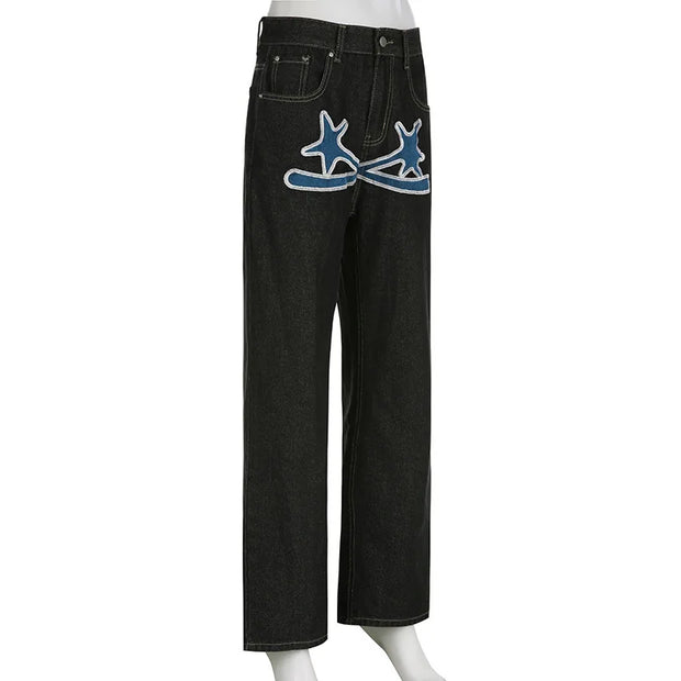 Black Baggy Jeans Women Straight Leg Printed Y2k Pants Female's Harajuku Autumn Clothing