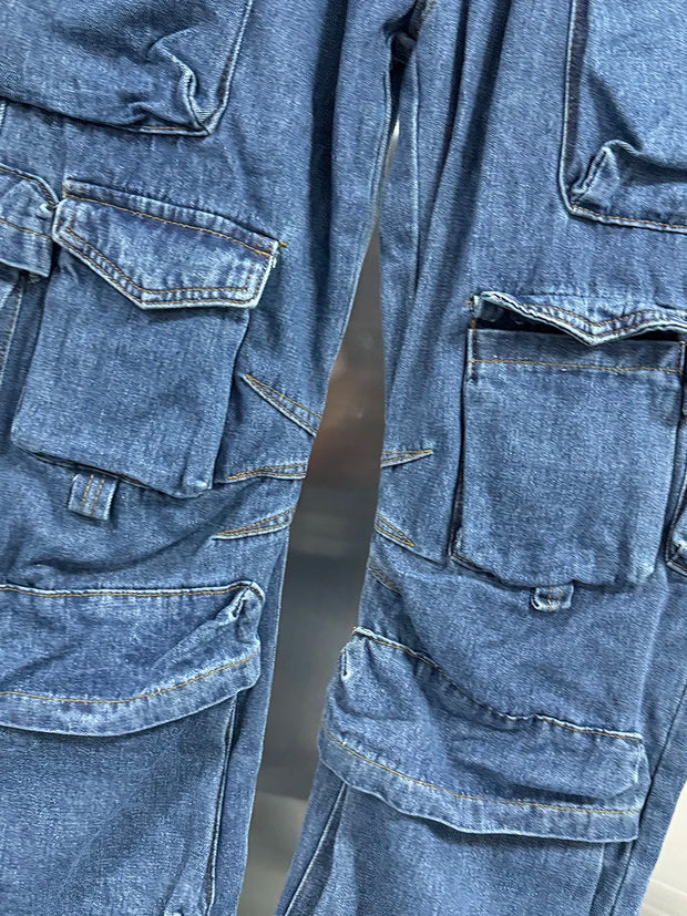 VGH Streetwear Loose Cargo Trousers for Women High Waist Spliced Pockets Washed Punk Style Wide Leg Pants Female Spring Clothes