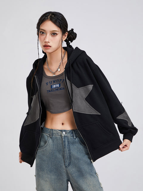 Winter Casual Hooded Coat Women Long Sleeve Star Print Zip Up Drawstring Hoodie Gothic Loose Outwear
