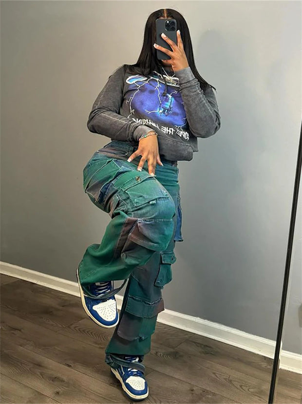 Streetwear Jeans Pants Fall Clothes 2024 Women High Wasit Multi Pocket Straight Denim Pants Female Fashion Jean Trousers Bottoms