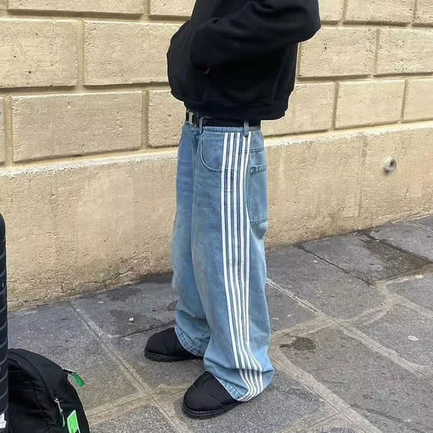 American Harajuku Style Baggy Jeans Y2K Streetwear Striped Denim Pant Men Women Casual Wide Leg Trousers Trendy High Street Pant