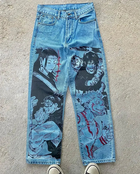 Harajuku Anime Graphic wide leg jeans High Waist Jeans Pants Women new Japanese Style Streetwear Y2K Jeans for Men Wide Trouser