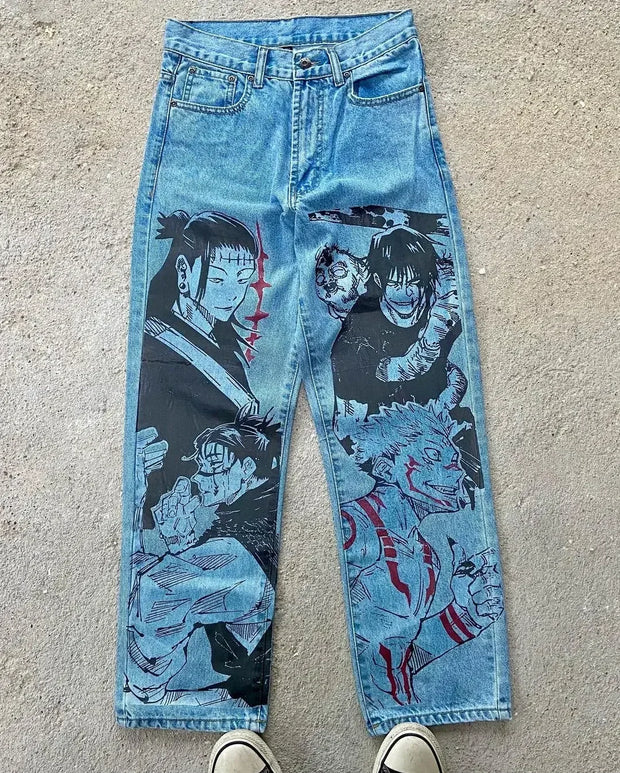 Harajuku Anime Graphic wide leg jeans High Waist Jeans Pants Women new Japanese Style Streetwear Y2K Jeans for Men Wide Trouser