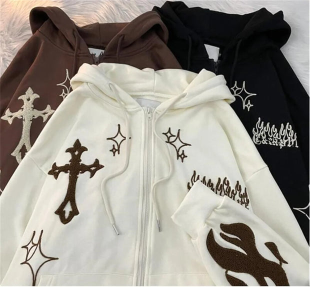 Embroidered Vintage Cardigan Jacket Autumn Winter Hip Hop Hoodie Men and Women Y2K Coat Goth High Street Retro Hoodies Loose Top