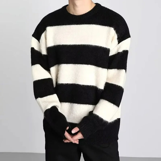 Casual Round Neck Striped Knitted Sweater New Style Loose Fit American Style Top Trendy Men's Trendy Sweater Winter
