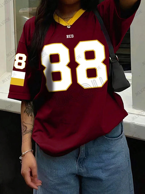 Oversized T-shirt For Women V-Neck Short Sleeve 2025 Summer Black 88 Print Streetwear Sports Tees Casual Football Jersey Y2k Top