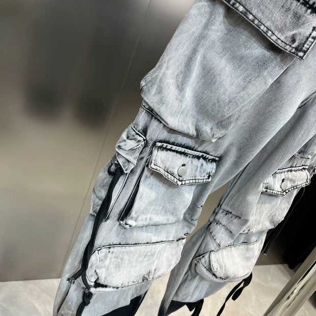 DEAT Fashion Gradient Multiple Pockets Design Jeans Women's Single Button High Waist Denim Pants 2025 Spring Female New 11XX4925