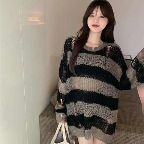 Korean Loose Hole Hollow Out Sweaters Spring Autumn Women's Clothing New Fashionable Trend Long Sleeve Striped Knitted Pullover
