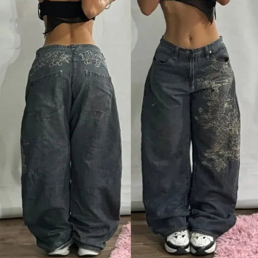 Y2K  Jeans New Harajuku Hip Hop Retro Skull Graphic Embroidered Baggy Jeans Denim Pants Men Women Goth High Waist Wide Trousers