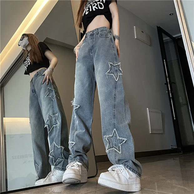 Blue Embroidered Jeans Women, Spring and Autumn New Design, Niche Loose Straight Wide-Leg Pants Trend