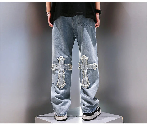 High Street Jeans Men Cross Graphic Baggy Denim Pants Unisex Young Streetwear Blue Loose Punk Casual Fashion Y2k Trousers Summer