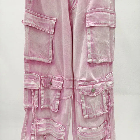 Pink Multi Pocket Overalls Jeans Female Y2K Punk Hip Hop Gothic Loose Fashion Jeans 2024 Autumn New American Retro High Street