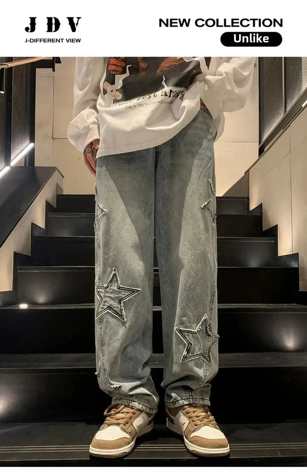 American High Street Style Men's Jeans Autumn Winter Straight Leg Loose Floor-Length Wide Leg Pants Casual Fashion