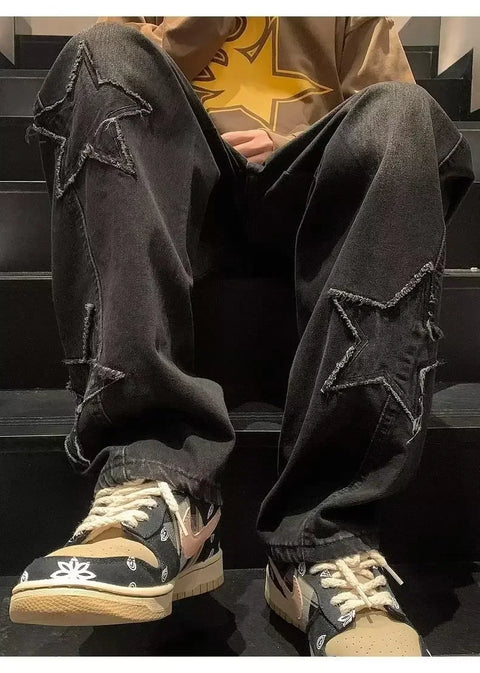 American High Street Style Men's Jeans Autumn Winter Straight Leg Loose Floor-Length Wide Leg Pants Casual Fashion
